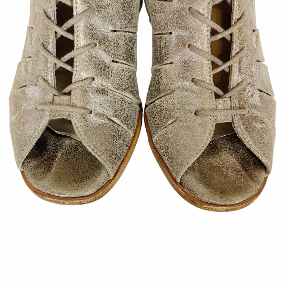 COSMO Paul Green Silver Metallic Cutout Leather Lace-up Peep Toe Ankle Bootie